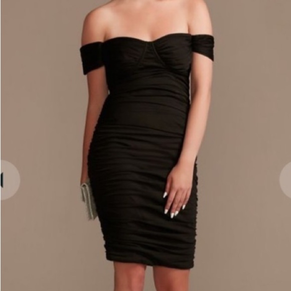NWT, black off-the-shoulder mesh mini sheath dress, size 4